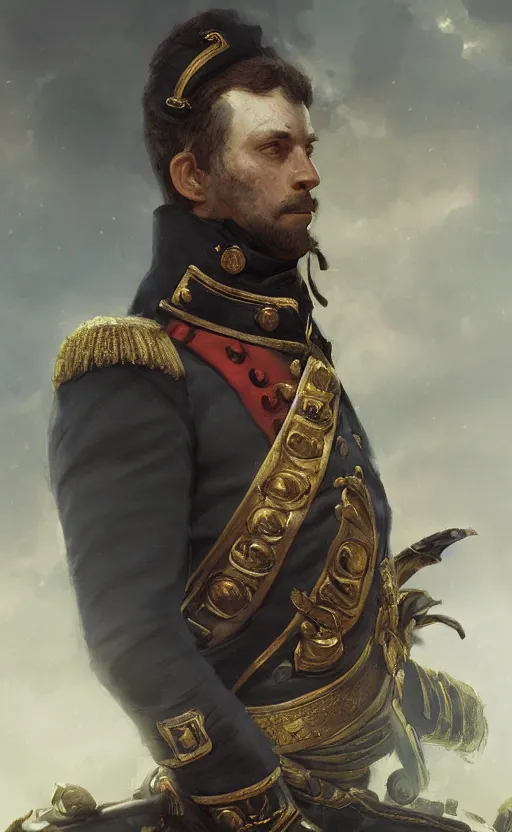 Prompt: Portrait of a Napoleonic admiral, male, detailed face, fantasy, highly detailed, cinematic lighting, digital art painting by greg rutkowski