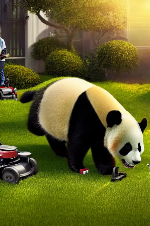 Prompt: a panda is pushing an oldshool lawn mower mowing his lawn, suburban garden, golden hour, cgsociety and beeple highly detailed, cinematic lighting, illustration, art, octane render, unreal engine lumen, very coherent. cinematic, hyper realism, high detail, octane render, 8 k