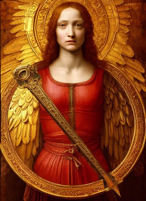 Prompt: a beautiful intricate renaissance painting portrait of an angel aasimar knight in heavy ornate red metal armor with a shining golden heavenly sword, by Raphael, Leonardo DaVinci, great masterpiece, award winning historic painting, dynamic composition, trending on artstation,4k, 8k