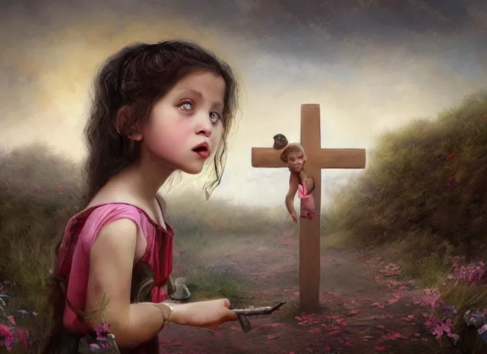 Image similar to a little girl with a cross fights off terrified demons, clear face and bright eyes. 8 k, matte painting, lowbrow in the style of lilia alvarado, mark ryden and martin johnson heade,