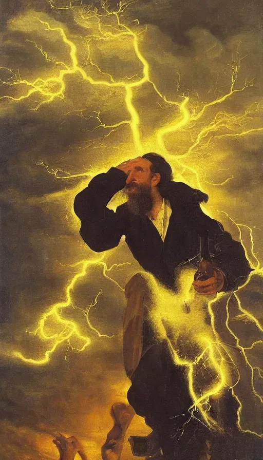 Image similar to still life painting of man getting struck by lightning, by Peder Krøyer, party, golden hour, dramatic lighting, epic, gargantuan, intricate detail, canvas print