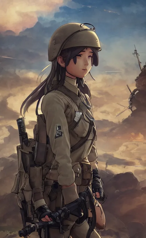 Image similar to panoramic view, a pilot girl, soldier clothing, battlefield in background, anime style, hair down, symmetrical facial features, from arknights, hyper realistic, 4 k, extreme detail, d & d, trending artstation, safebooru, realistic lighting, by alphonse mucha, greg rutkowski, sharp focus