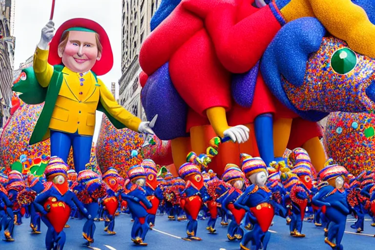 Image similar to photo of giant beautiful elaborate parade float character designed by ( ( ( ( ( ( ( ( eric carle ) ) ) ) ) ) ) ) and wes anderson!!!!!!!!!!!!!!, in the macys parade, detailed 4 k photo,