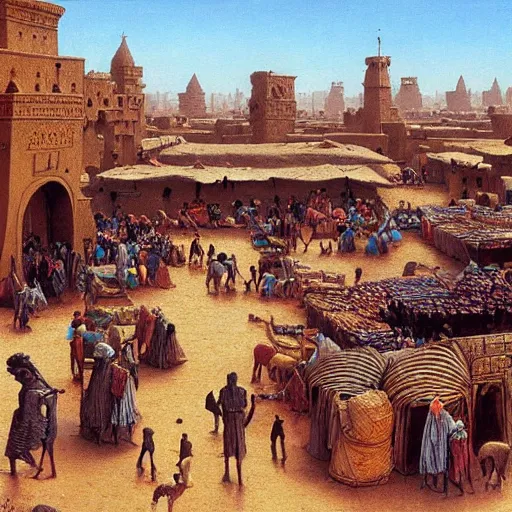 Prompt: a busy bazaar in ancient timbuktu on a sunny day, camels, merchants, high detail, painting by beksinski and ted nasmith