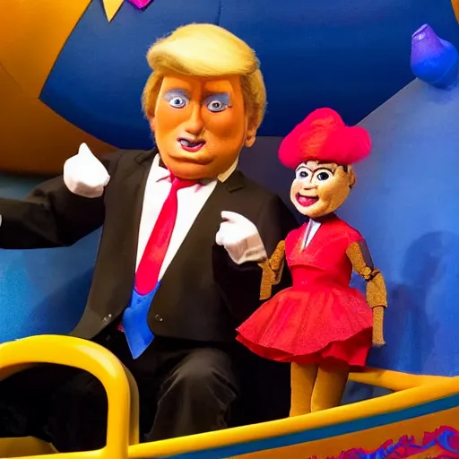 Image similar to a six year old child puppet in the its a small world ride in real life that looks exactly like donald trump, highly detailed, high definition, ultra realistic