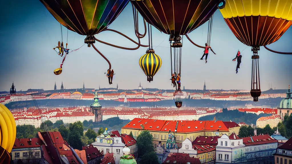 Image similar to large colorful futuristic space age metallic steampunk steam - powered balloons with pipework and electrical wiring around the outside, and people on rope swings underneath, flying high over the beautiful prague city landscape, professional photography, 8 0 mm telephoto lens, realistic, detailed, photorealistic, photojournalism