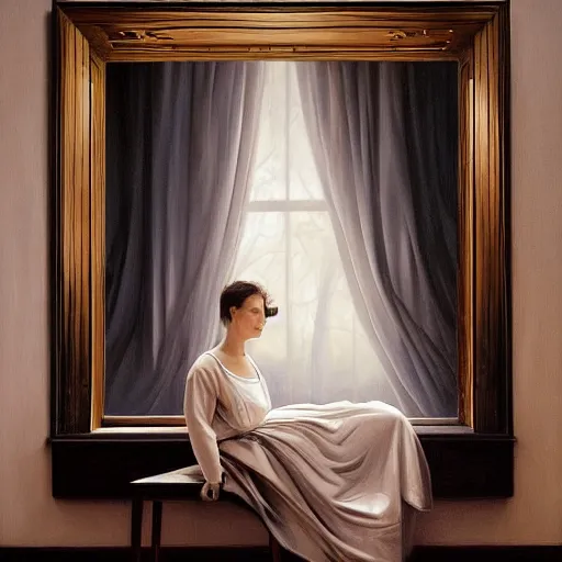 Image similar to natural, aesthetic by joel rea, by jeff wall, by josef capek. a experimental art of a beautiful young woman seated at a window, looking out at the viewer with a serene expression on her face. the light from the window illuminates her features & creates a warm, inviting atmosphere. the essence of beauty & tranquility.