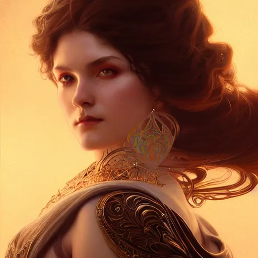 Prompt: Portrait of female sorcerer, dark fantasy, medium shot, intricate, ornate, elegant, highly detailed, digital painting, volumetric light,, artstation, concept art, smooth, sharp focus, illustration, art by artgerm and brom and greg rutkowski and alphonse mucha