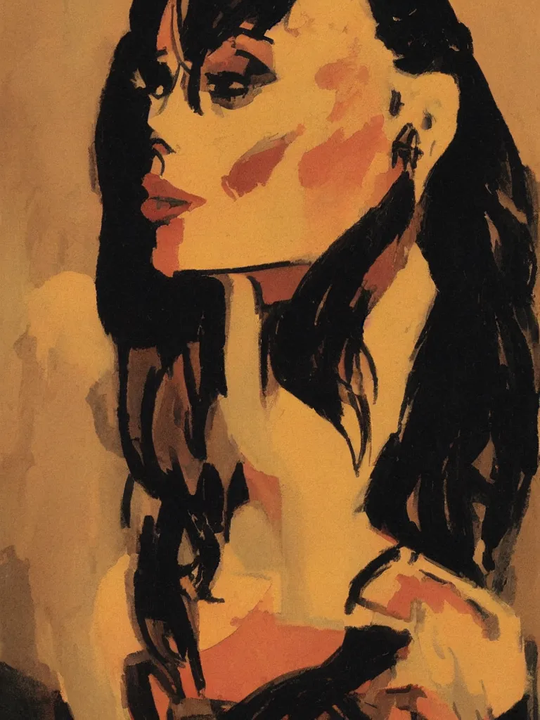 Image similar to portrait profile of one mysterious dark beautiful women in 1 9 7 8, oil painting by john watkiss