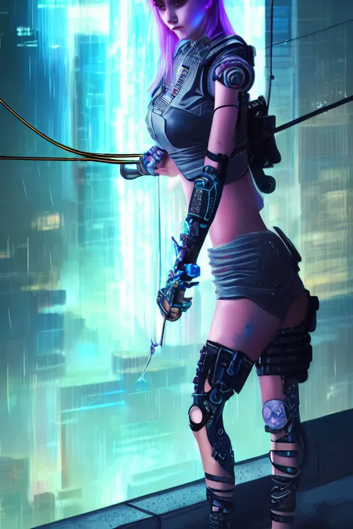 Image similar to portrait futuristic adorable cyberpunk young female archer, in futuristic stormy thunder light tokyo rooftop cyberpunk night, ssci-fi, fantasy, intricate, very very beautiful, elegant, neon light, highly detailed, digital painting, artstation, concept art, soft light, hdri, smooth, sharp focus, illustration, art by tian zi and craig mullins and WLOP and alphonse mucha