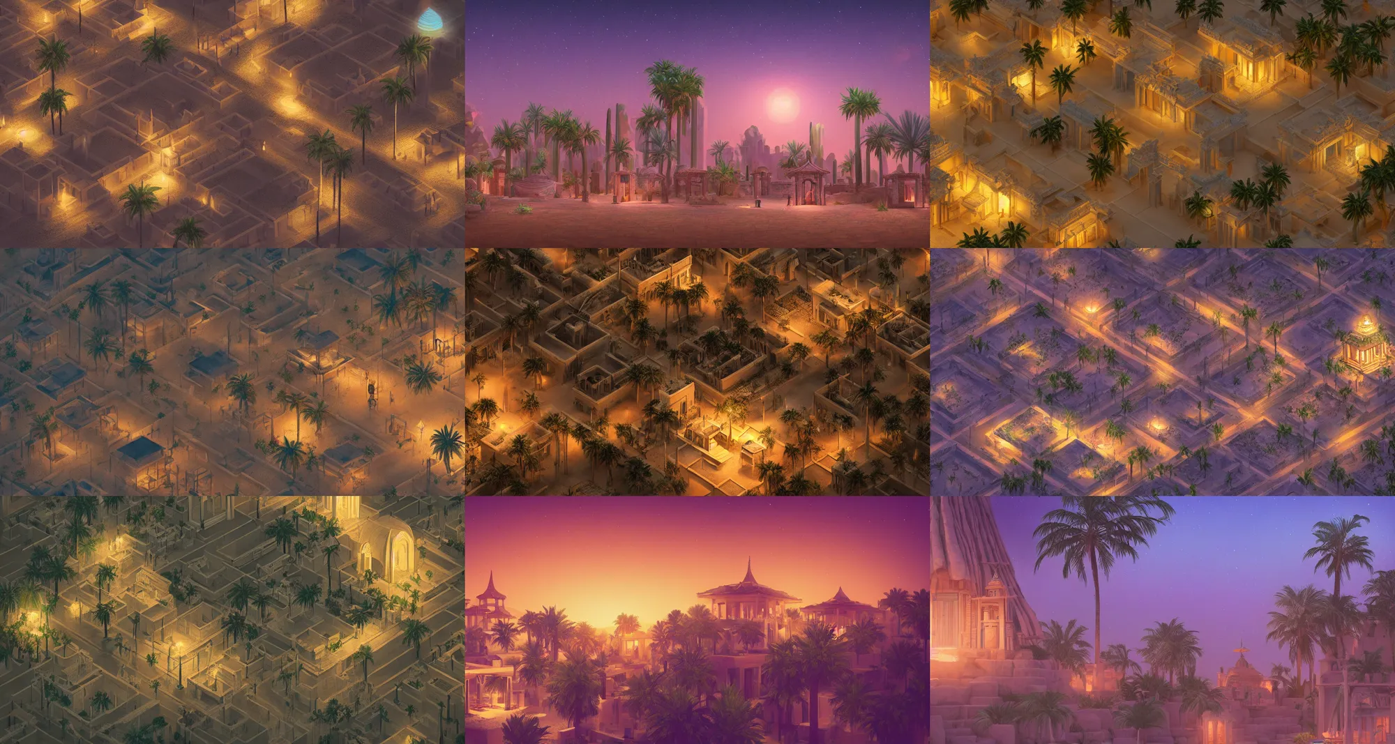 Prompt: Desert City, Small houses, large temples, a small oasis, a small palm trees; night; illustration, Artstation, Pixiv, digital painting, shallow depth of field, 8k, hyper detailed