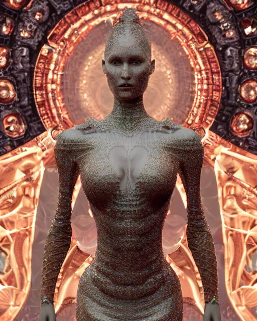 Image similar to a highly detailed metahuman 4 k close up render of an alien goddess bella hadid monument renaissance in iris van herpen dress schiaparelli in diamonds crystals swarovski and jewelry iridescent in style of alphonse mucha gustav klimt trending on artstation made in unreal engine 4