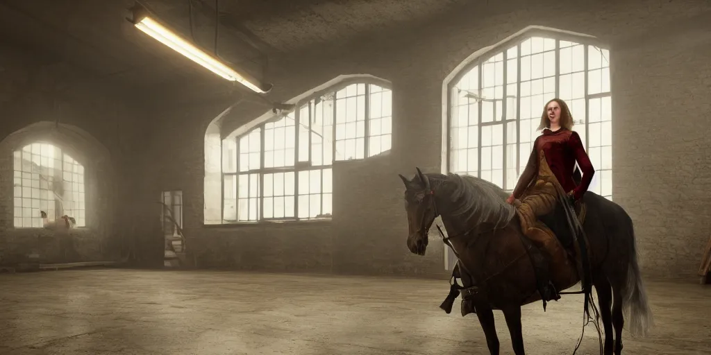 Image similar to an icelandic woman riding 2 1 savage in a warehouse in brooklyn new york in the style of thomas cole, cinematic lighting, raytracing, 8 k, octane render, volumetric, vivid, beautiful, hyperrealism