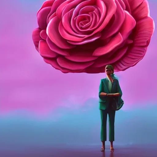 Image similar to closeup, giant rose flower head, frontal, girl with suit, surreal photography, sunrise, dramatic light, impressionist painting, digital painting, artstation, simon stalenhag