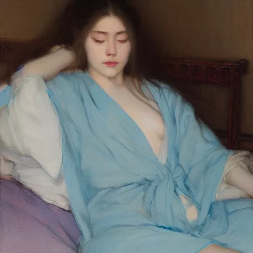 Prompt: girl with long wavy hair, in lightblue kimono, sitting on bed, by jeremy lipking, serge marshennikov, joseph todorovitch