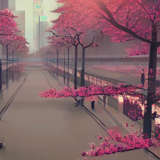 Prompt: cherry blossoms in cyberpunk Tokyo, digital art, artstation, 8k