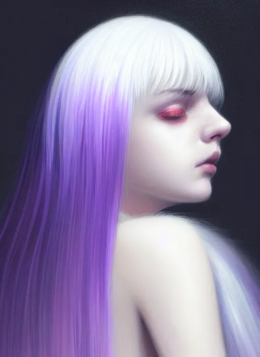 Image similar to hair whitebangs hair, black hair, whitebangs, portrait of teenage girl with white bangs, red irises, purple clothes, white bangs, bangs are different color from hair, intricate, elegant, glowing lights, highly detailed, digital painting, artstation, concept art, smooth, sharp focus, illustration, art by wlop, mars ravelo and greg rutkowski