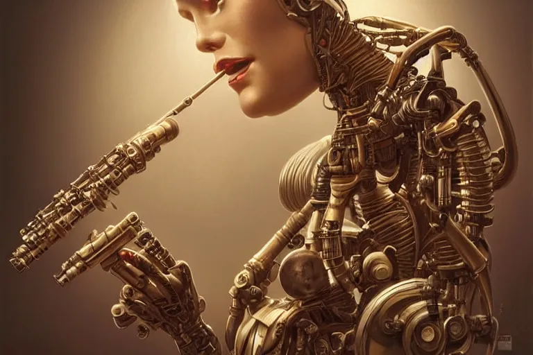 Image similar to a beautiful ultradetailed vintage photo of cyborg playing an oboe, by tom bagshaw and anna dittman, portrait, vignette, 3 5 mm lens, golden ratio composition, detailed face, studio photography, very detailed, humanoid, industrial robot, artstation, 8 k, highly coherent