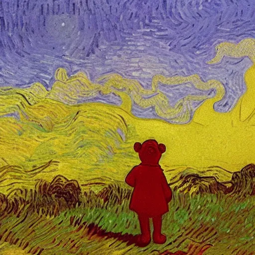 Prompt: winnie the pooh standing on a hill with sunset in background, oil painting, art by vincent van gogh