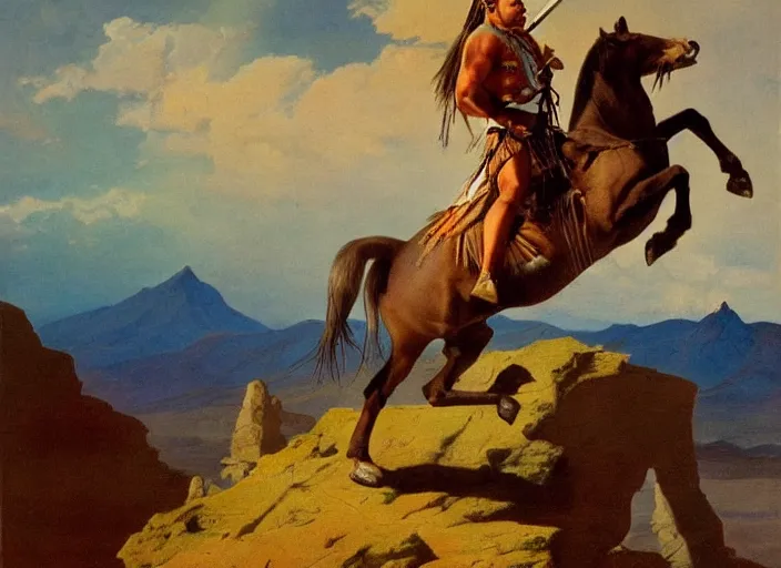 Prompt: powerful native american warrior!! beautiful native american riding horse, buffalo, mountain range, beautiful sky, standing on the edge of a cliff, nineteenth century, painted by frazetta