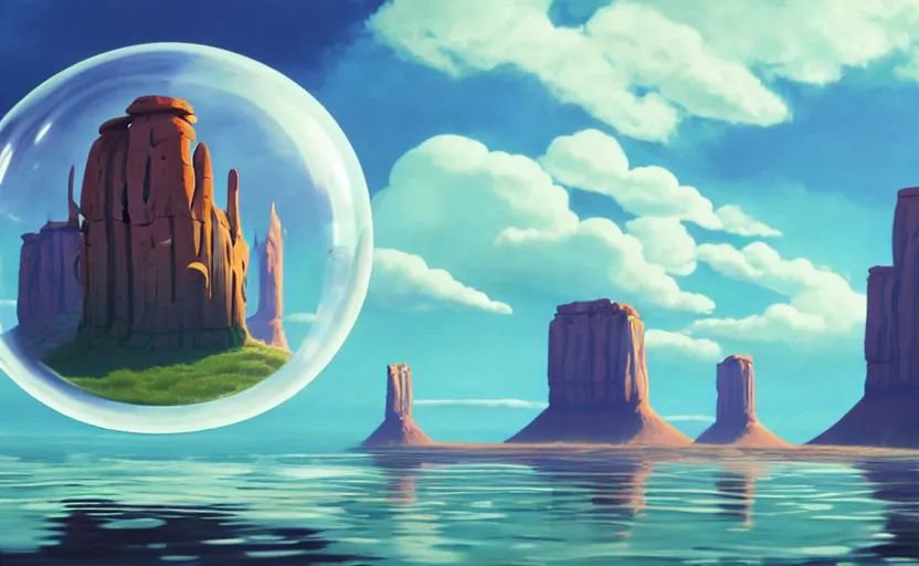 Image similar to a scary hyperrealist painting of a rocketship in a giant transparent bubble from howl's moving castle ( 2 0 0 4 ) in a flooded monument valley stonehenge jungle. depth perception, 4 k, artstation, in the style of studio ghibli