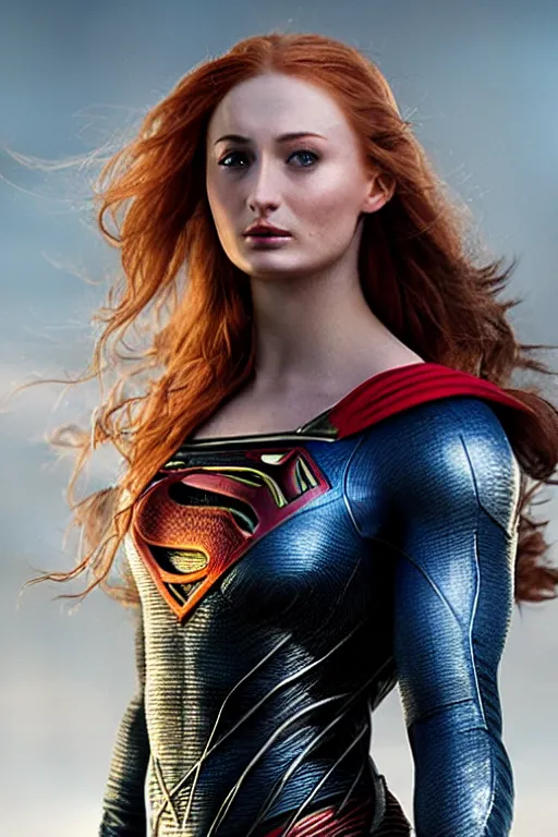 Prompt: a fancy close up of Man of Steel cast as Sophie Turner by Greg Rutkowski, Sung Choi, Mitchell Mohrhauser, Maciej Kuciara, Johnson Ting, Maxim Verehin, Peter Konig, 8k photorealistic, cinematic lighting, HD, high details, dramatic, trending on artstation, full body shot