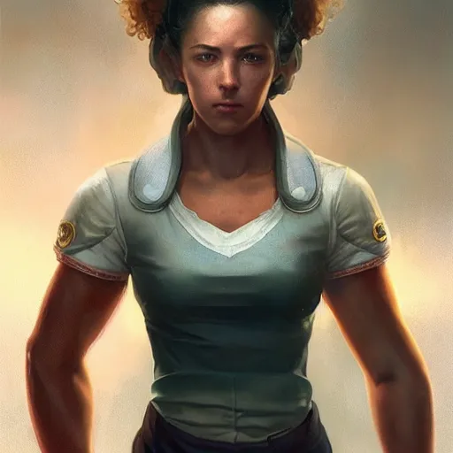 Image similar to epic portrait an beautiful waitress with short sleeved uniform, muscular, sweaty skin, hyperrealistic, expressive, emotional, moody, contre jour, octane render, cinematic, beautiful face and flawless skin, perfect hands, 5 fingers, by Edgar Maxence and Ross Tran and Michael Whelan, Legends of Runeterra