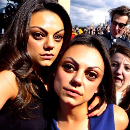 Image similar to Selfie photograph of Mila Kunis and Mila Kunis, golden hour, 8k,