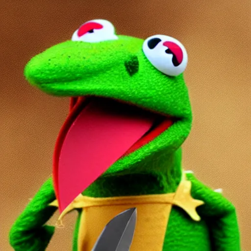 Image similar to a realistic photograph of Kermit the frog holding a kitchen knife, horror vibe