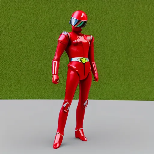 Image similar to Tokusatsu character based on Ferrari, red mechanical skinny body, chest plate with Ferrari logo, stylized motorcycle helmet, full body, unreal engine, 3D model