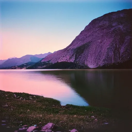 Image similar to sunset over the lake in the mountains, kodak portra 8 0 0