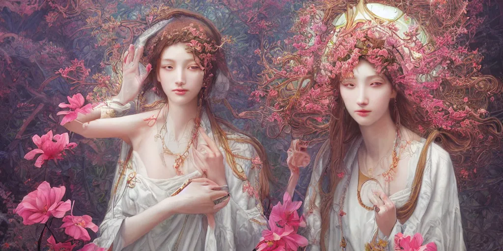 Image similar to breathtaking detailed concept art painting of the goddess of flamingo, orthodox saint, with anxious, piercing eyes, ornate background, epic composition, amalgamation of leaves and flowers, by Hsiao-Ron Cheng and John James Audubon and Miho Hirano, extremely moody lighting, 8K