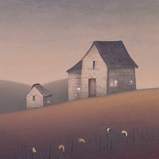 Prompt: a painting of a house on a hill, by Shaun Tan