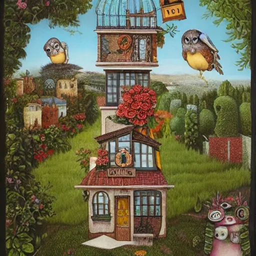 Image similar to a house with a tower, owl, birds, cheese, lowbrow in the style of mark ryden and gioseppo arcimboldo,