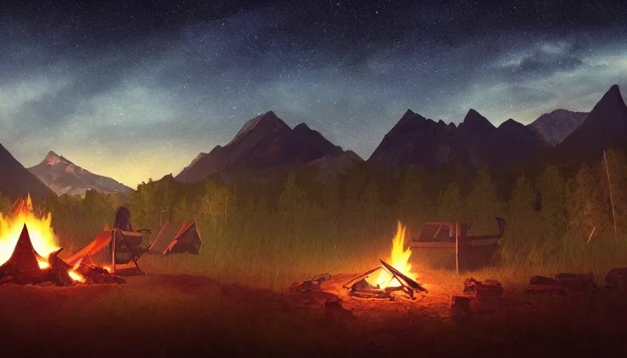 Image similar to survivor camp with campfire at night, guitar, tents, hill, mountains, forest, stars in the sky, hyperdetailed, artstation, cgsociety, 8 k