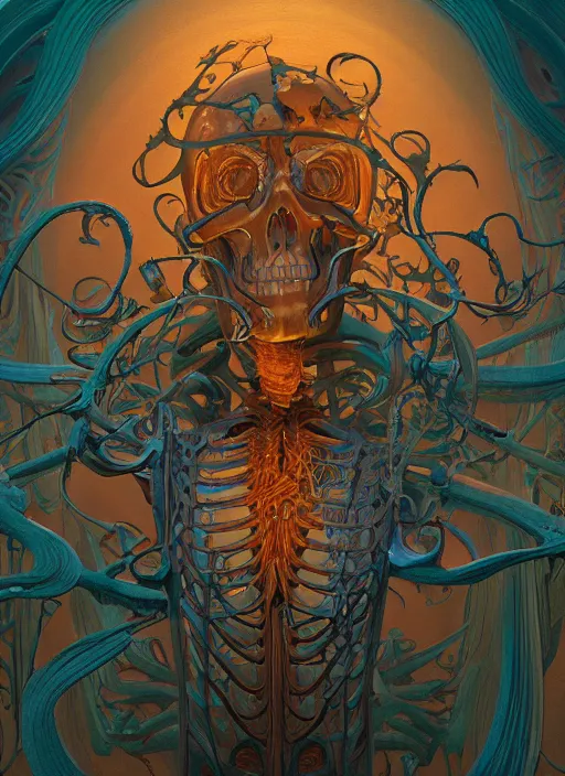 Image similar to wax skeleton, wooden art nouveau swirls, subsurface scattering, in the style of james jean and tomasz alen kopera, mystical colors, rim light, beautiful lighting, 8 k, stunning scene, raytracing, octane render, trending on artstation