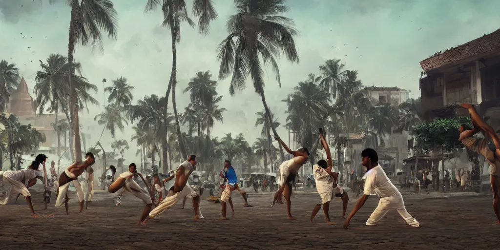 Prompt: people playing capoeira in Salvador Bahia, by Greg Rutkowski, 4k, volumetric lighting, HD, high details, dramatic, trending on artstation