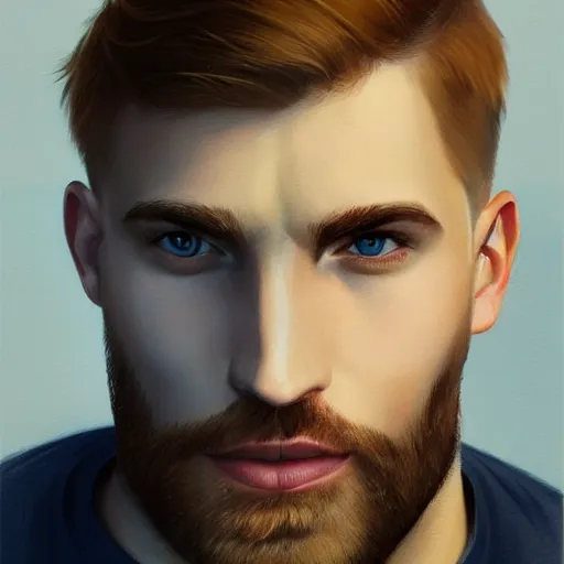Image similar to tall chunky man in his twenties with brown blond short regular haircut and round facial structure with cleft chin, straight eyebrows, big grey blue eyes, very happy, slightly set back jaw, cheekbones, straight nose, wider face, very slight shadow of beard, atmospheric lighting, painted, intricate, 4 k, highly detailed by charlie bowater