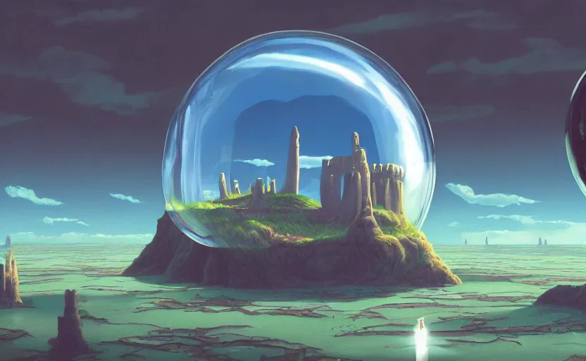 Image similar to a scary hyperrealist painting of a starship in a giant transparent bubble from howl's moving castle ( 2 0 0 4 ) in a flooded monument valley stonehenge jungle. depth perception, 4 k, artstation, in the style of studio ghibli