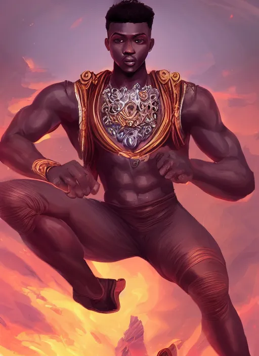 Prompt: a highly detailed illustration of attractive young african fire god with flat top hair, wearing track and field suit, heroic jumping pose, intricate, elegant, highly detailed, centered, digital painting, artstation, concept art, smooth, sharp focus, league of legends concept art, wlop