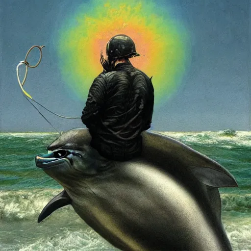 Image similar to a hyper realistic painting of death standing on the back of a dolphin that is jumping over a rainbow, by james c christensen and santiago caruso,