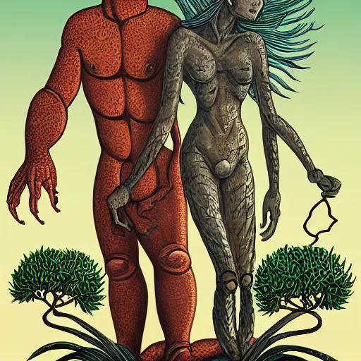 Prompt: adam and eve bigger than godzilla, apotheon art style, smooth painting, each individual seeds have ultra high detailed, 4 k, illustration, comical, acrylic paint style, pencil style, torn cosmo magazine style, pop art style, ultra realistic, underrated, by mike swiderek, jorge lacera, ben lo, tyler west