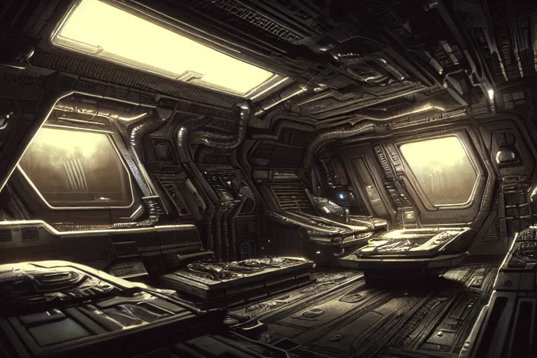 Prompt: Nostromo spaceship interior from Alien by HR Giger, highly detailed intricate interior design, sharp focus, smooth, 4k, octane render, darkened ambient lighting, digital painting, artstation