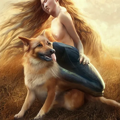 Image similar to epic action shot of beautiful scandinavian woman with symmetrical face stunning eyes and long blonde hair playing with german shephard dog, weta disney pixar, hi - fructose, decadent highly - detailed digital painting, golden ratio, octane render, artstation, cinematic composition, smooth, sharp focus, artgerm, mucha, loish, wlop hdr