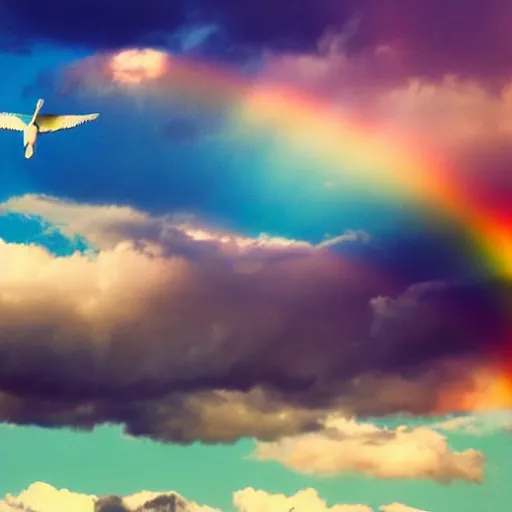 Prompt: Angel-winged limousine flying into a cloudy but sunny pink sky - rainbow on the background