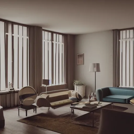 Image similar to 60's interiors of an apartment, photorealistic, cinematic, volume light, rendered in octane, artstation