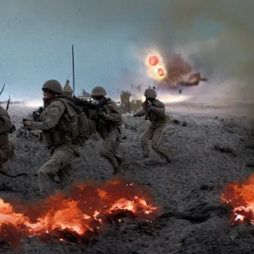 Prompt: american soldiers running at the camera with rifles during normandy beach landing with fiery explosions and debris and dead bodies and limbs all around them in the style of the movie up, gritty, 4 k, cinematic lighting,