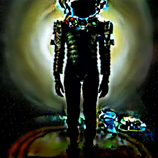 Image similar to full-body dark creepy baroque style oil painting realism a decapitated astronaut with futuristic elements. he welcomes you under with no head, empty helmet inside is occult mystical symbolism headless full-length view. standing on ancient altar eldritch energies lighting forming around disturbing frightening intricate renaissance, award winning digital illustration hyper realism, 8k, depth of field, 3D