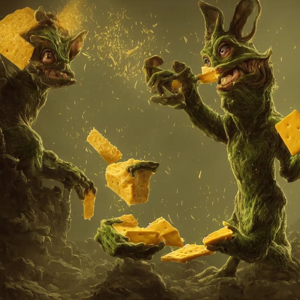 Prompt: Photorealistic fantasy painting of one single goblin holding swiss cheese. Ominous green mist in the background. Magical occult photorealism, UHD, amazing depth, glowing, golden ratio, 3D octane cycle unreal engine 5, volumetric lighting, cinematic lighting, cgstation artstation concept art