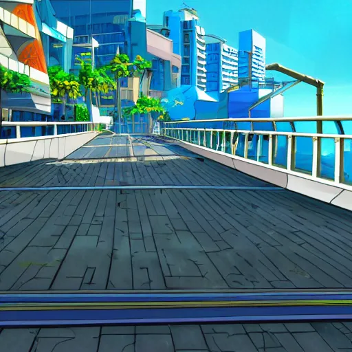 Image similar to oceanfront walkway, futuristic city, colorful city, curved railing, long railing, shining sea, cel - shading, 2 0 0 1 anime, cel - shaded, bright sunshine, jet set radio, mirror's edge, raytracing, toon - shading, strong shadows